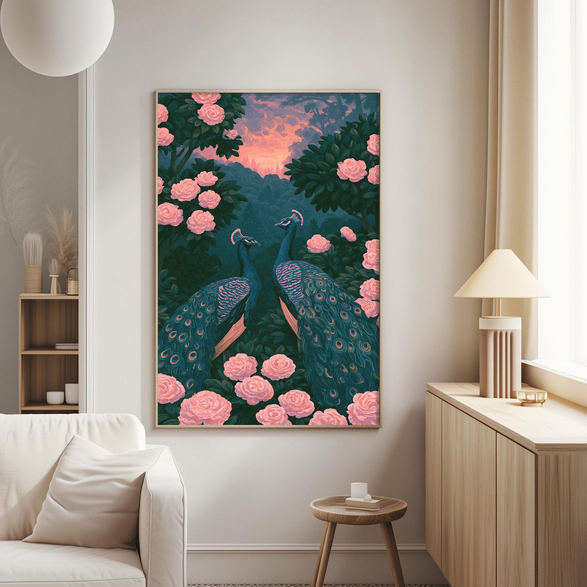 a large painting of two peacocks standing amidst a garden with pink flowers. The painting is hanging on a wall in a living room setting.