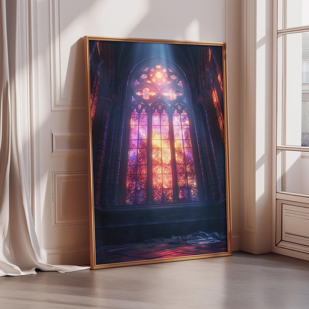 A large framed painting depicting a stained glass window with vibrant colors and intricate designs, set against a white wall.