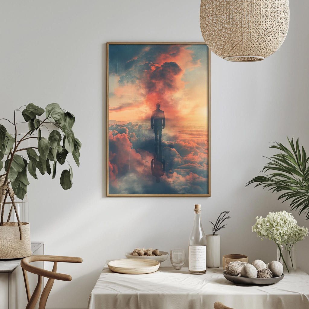 a dining table with a white tablecloth, a bottle, a bowl, and a vase with flowers. Above the table, there is a framed painting depicting a person standing in the clouds against a colorful sky.