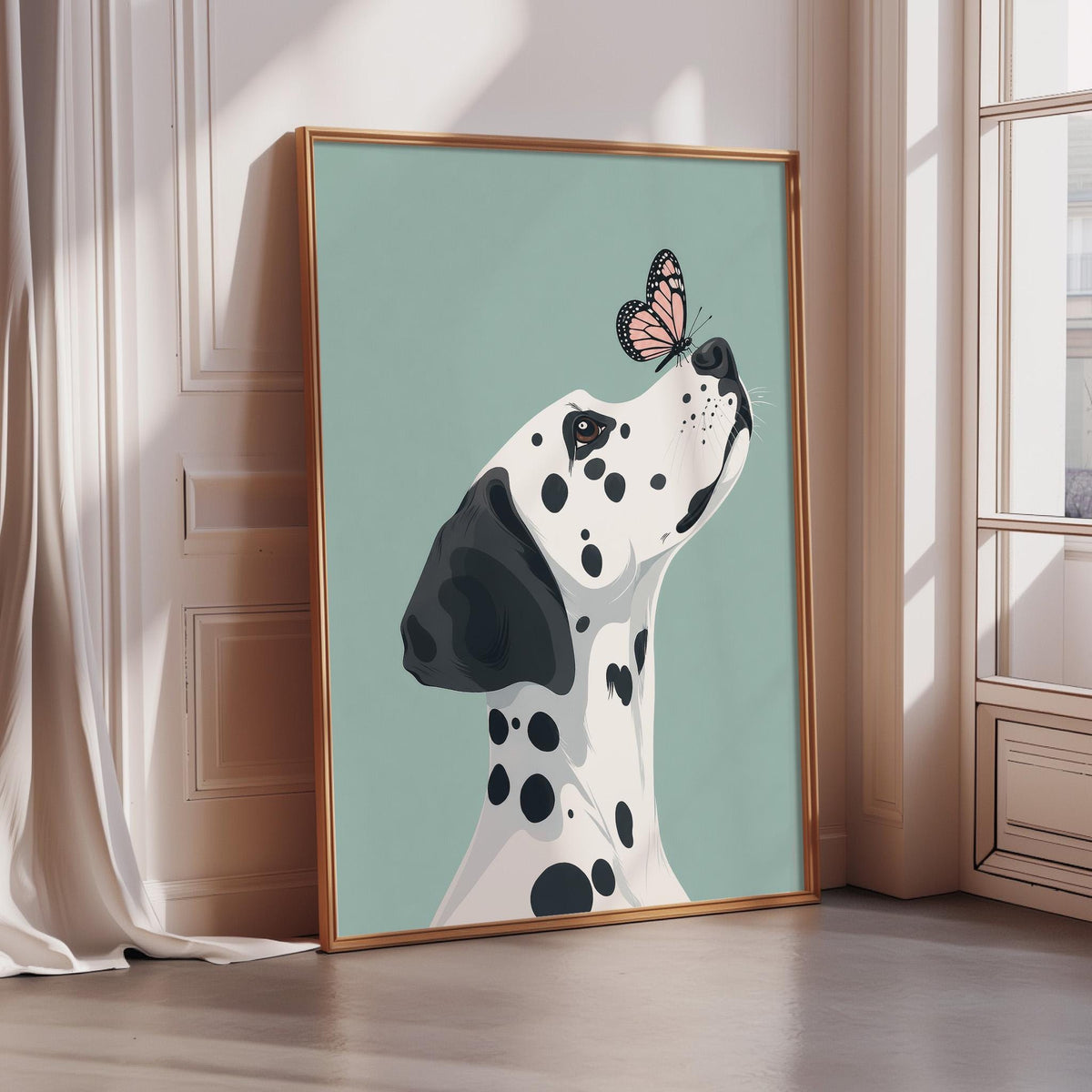 A framed illustration of a Dalmatian dog with a butterfly resting on its nose, set against a light green background.