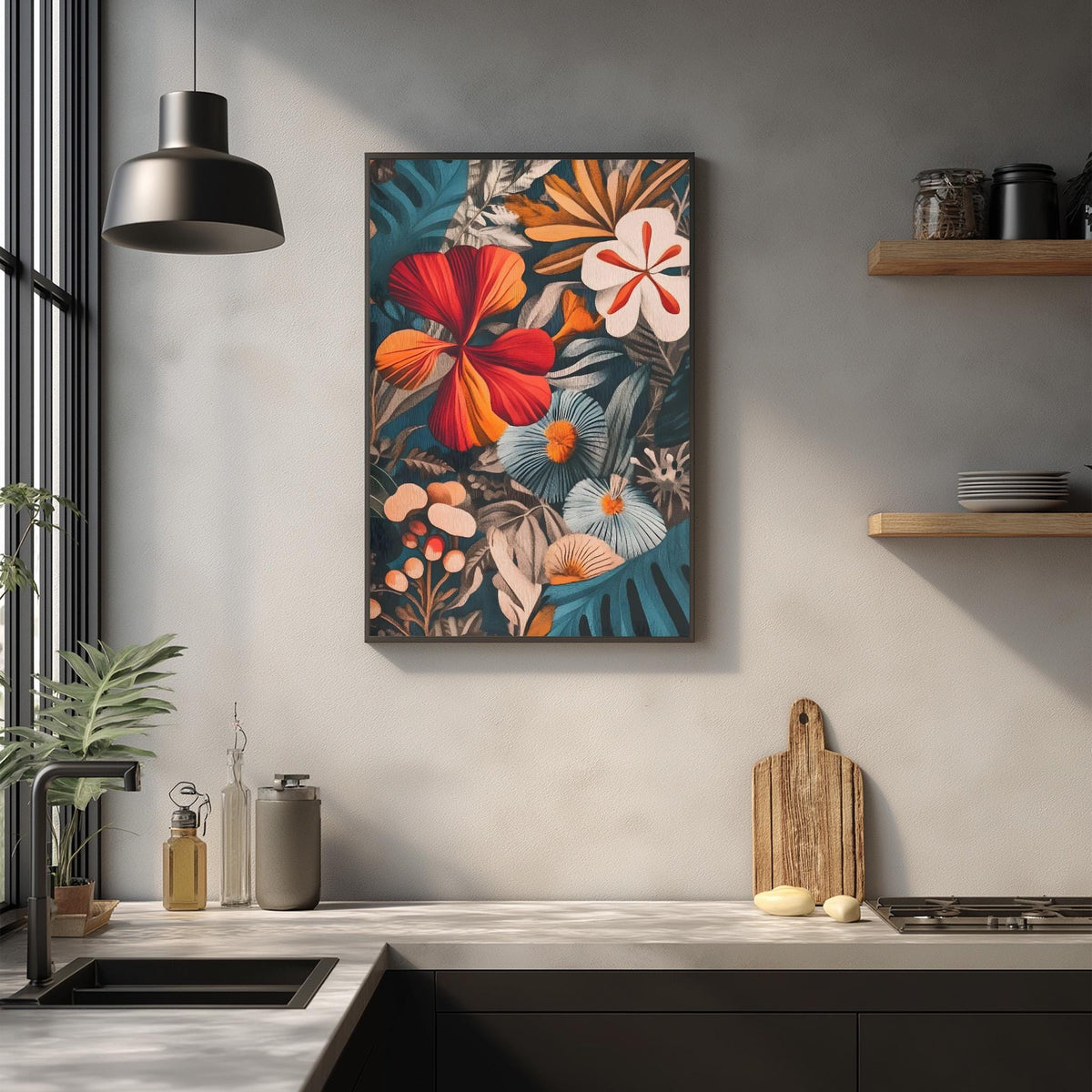 a kitchen counter with a framed print of a vibrant tropical flower design hanging above it. The print showcases a variety of colorful flowers and leaves, creating a lively and visually appealing focal point in the kitchen.