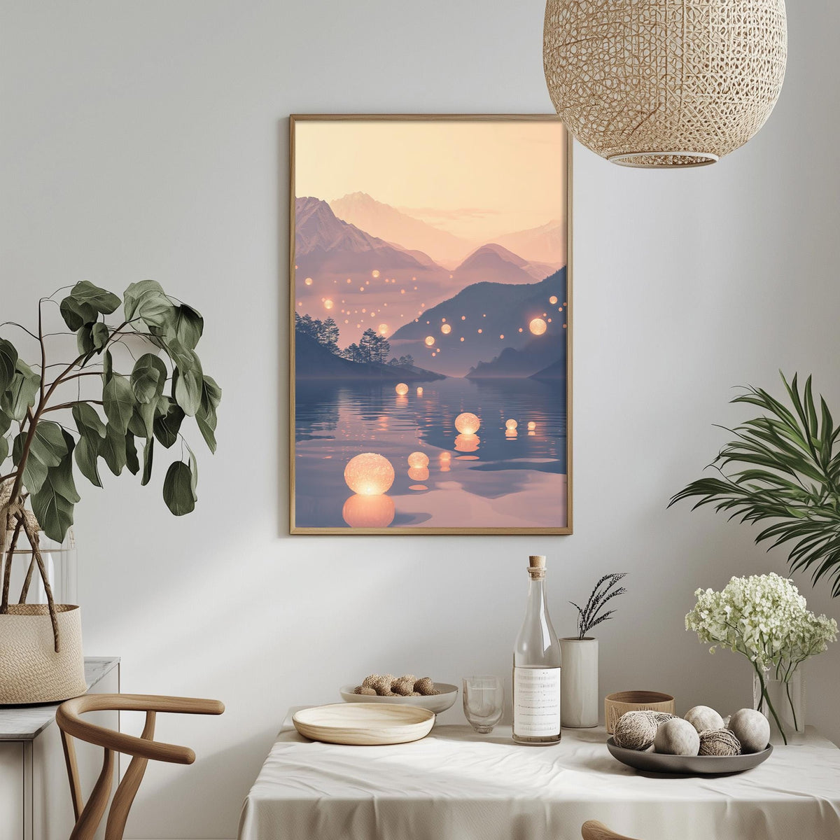 a serene indoor setting with a framed picture of a tranquil lake scene hanging on the wall, surrounded by potted plants and a dining table with various decorative items.