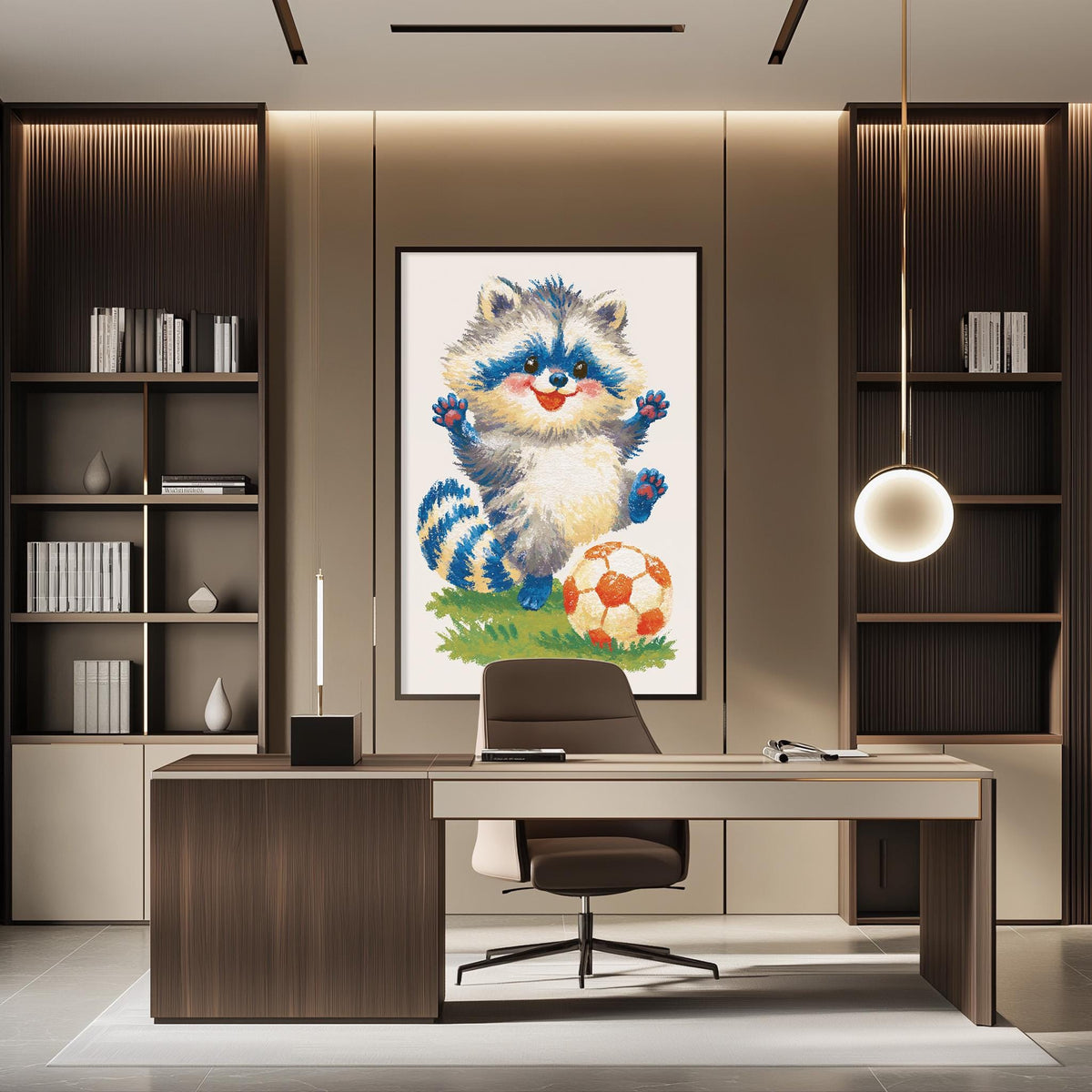 a modern office space with a large framed picture of a raccoon sitting on a soccer ball on the wall. The office has a wooden desk, a chair, and a bookshelf filled with books.