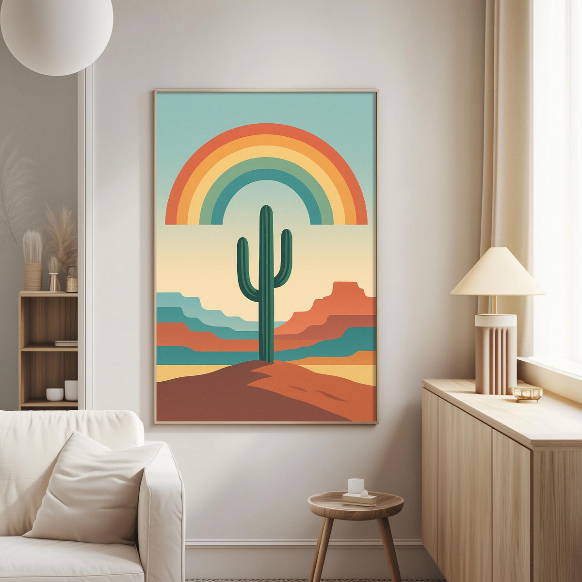 a large framed poster of a desert landscape with a cactus in the center, hanging on a wall in a living room.
