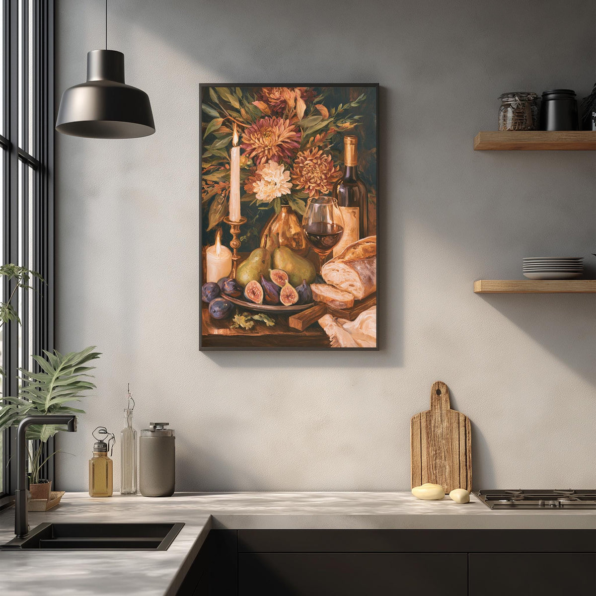 a kitchen counter with various items, including a framed painting of fruits and flowers, a wooden cutting board, and a potted plant.