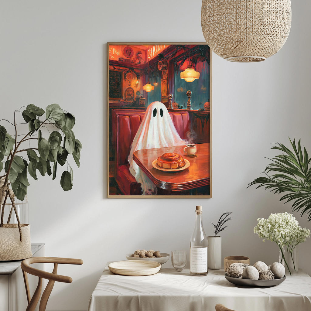 a ghost sitting at a table in a restaurant, with a plate of food and a bottle of wine in front of it.