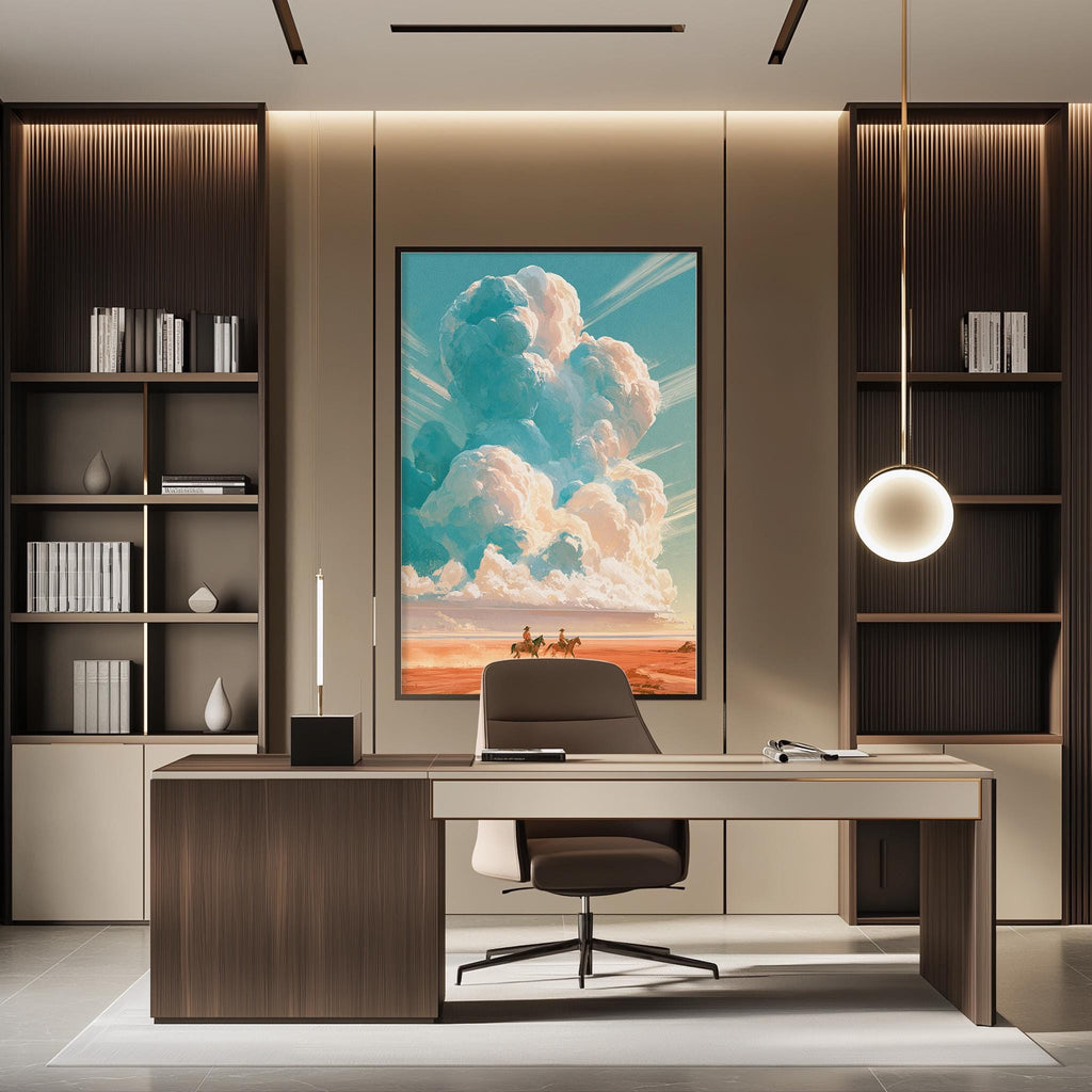 a modern office space with a large framed landscape painting depicting a serene sky with fluffy clouds and a sunset. The office has a wooden desk, a comfortable-looking chair, and a bookshelf filled with books. The overall design and decor create a calm and inviting atmosphere.