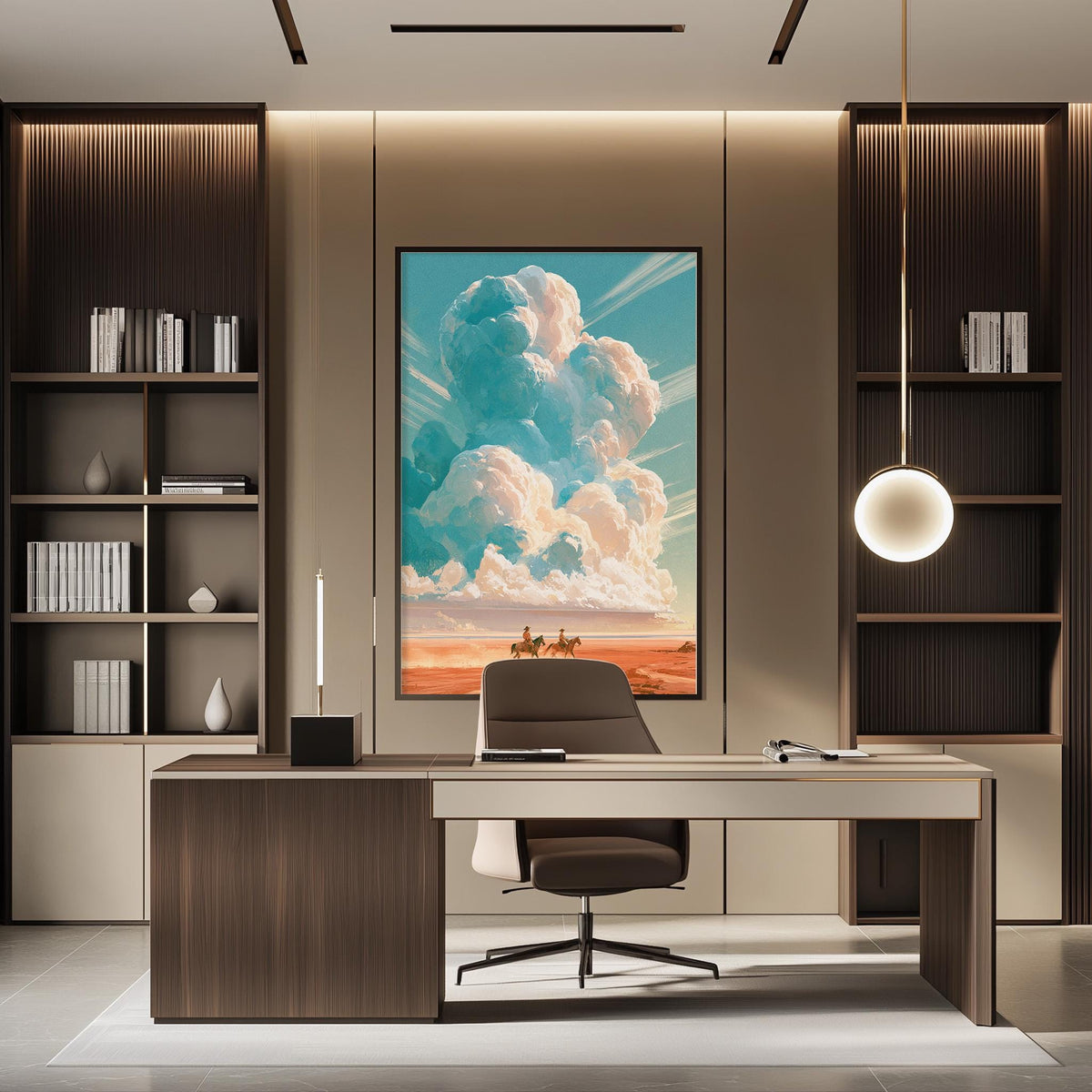a modern office space with a large framed landscape painting depicting a serene sky with fluffy clouds and a sunset. The office has a wooden desk, a comfortable-looking chair, and a bookshelf filled with books. The overall design and decor create a calm and inviting atmosphere.