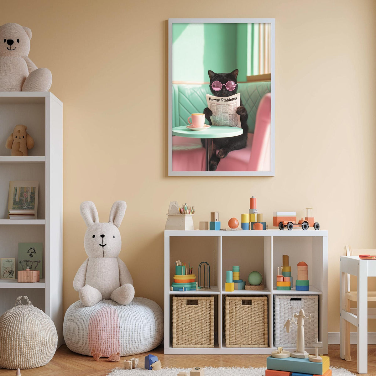 A child's bedroom with a white bookshelf, a stuffed rabbit, a toy train, and a framed poster of a cat sitting at a table with a newspaper.