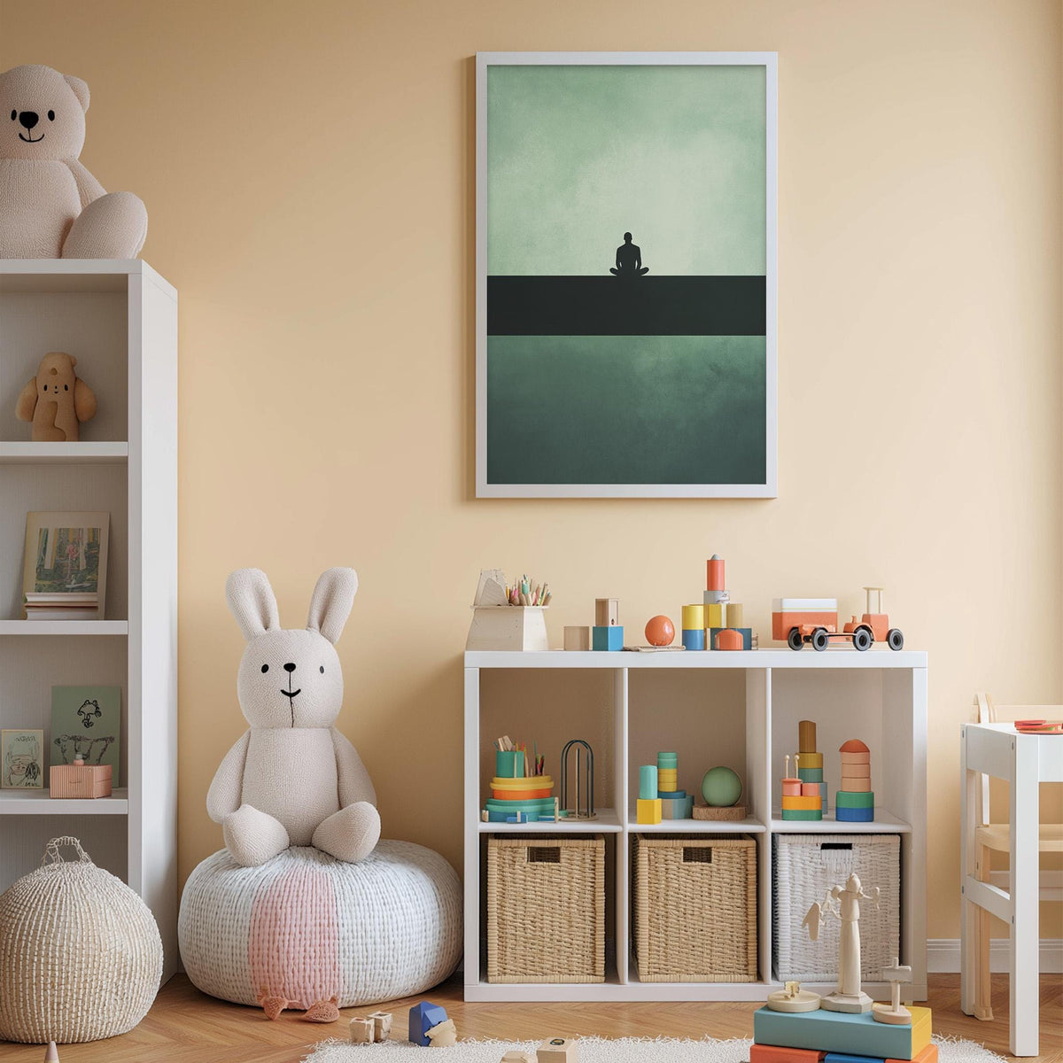 A cozy children's room with a white bookshelf, a plush rabbit, and a colorful toy box filled with toys. A framed picture of a person sitting in a meditative pose is displayed on the wall above the toy box.
