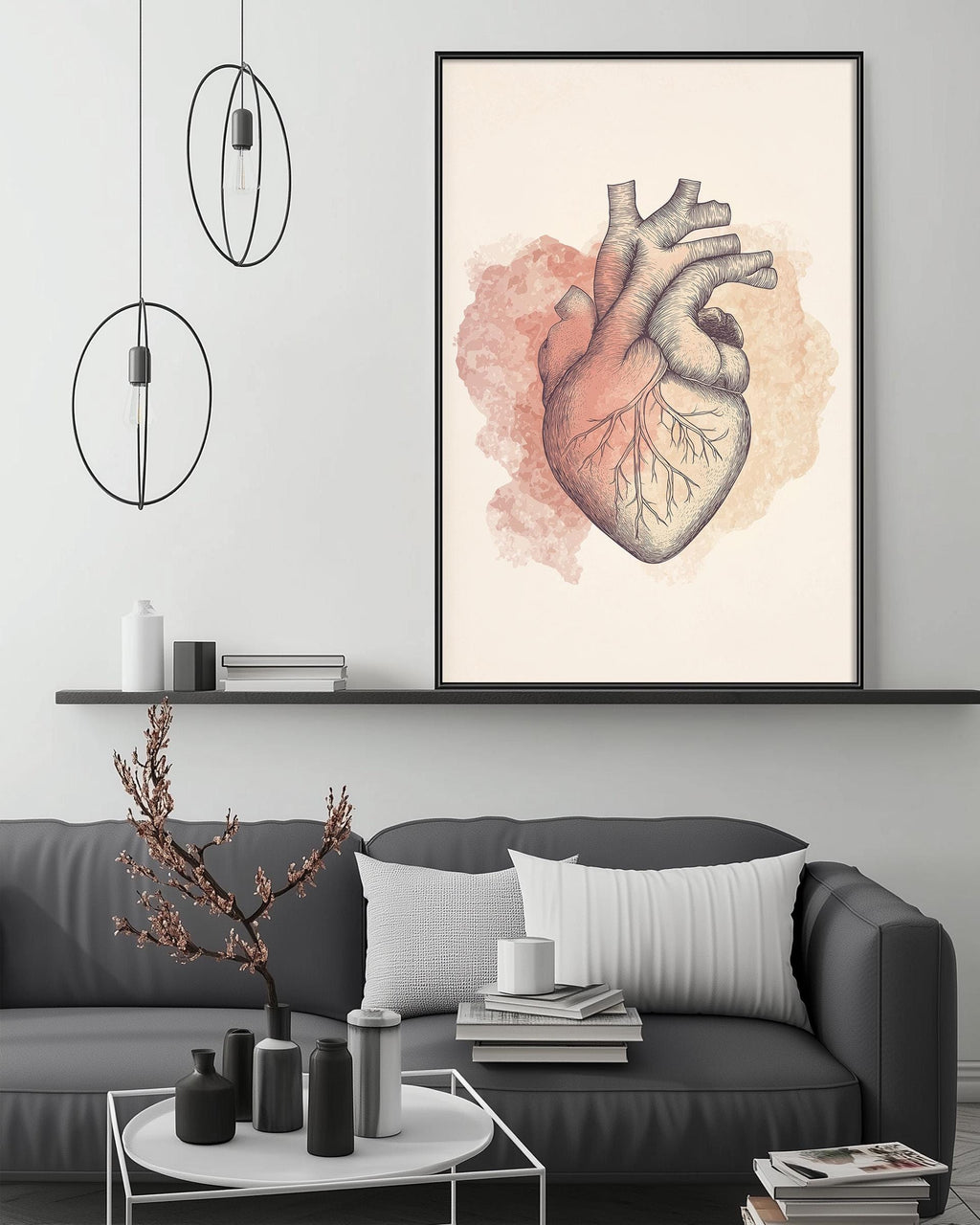 a modern living room with a gray sofa, a coffee table, and a large framed illustration of a human heart hanging on the wall above the sofa.