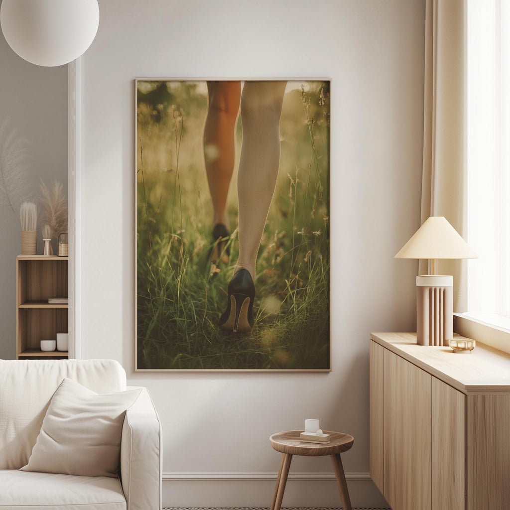 a serene indoor setting with a large framed photograph of a person's legs walking through a grassy field, creating a sense of movement and tranquility.