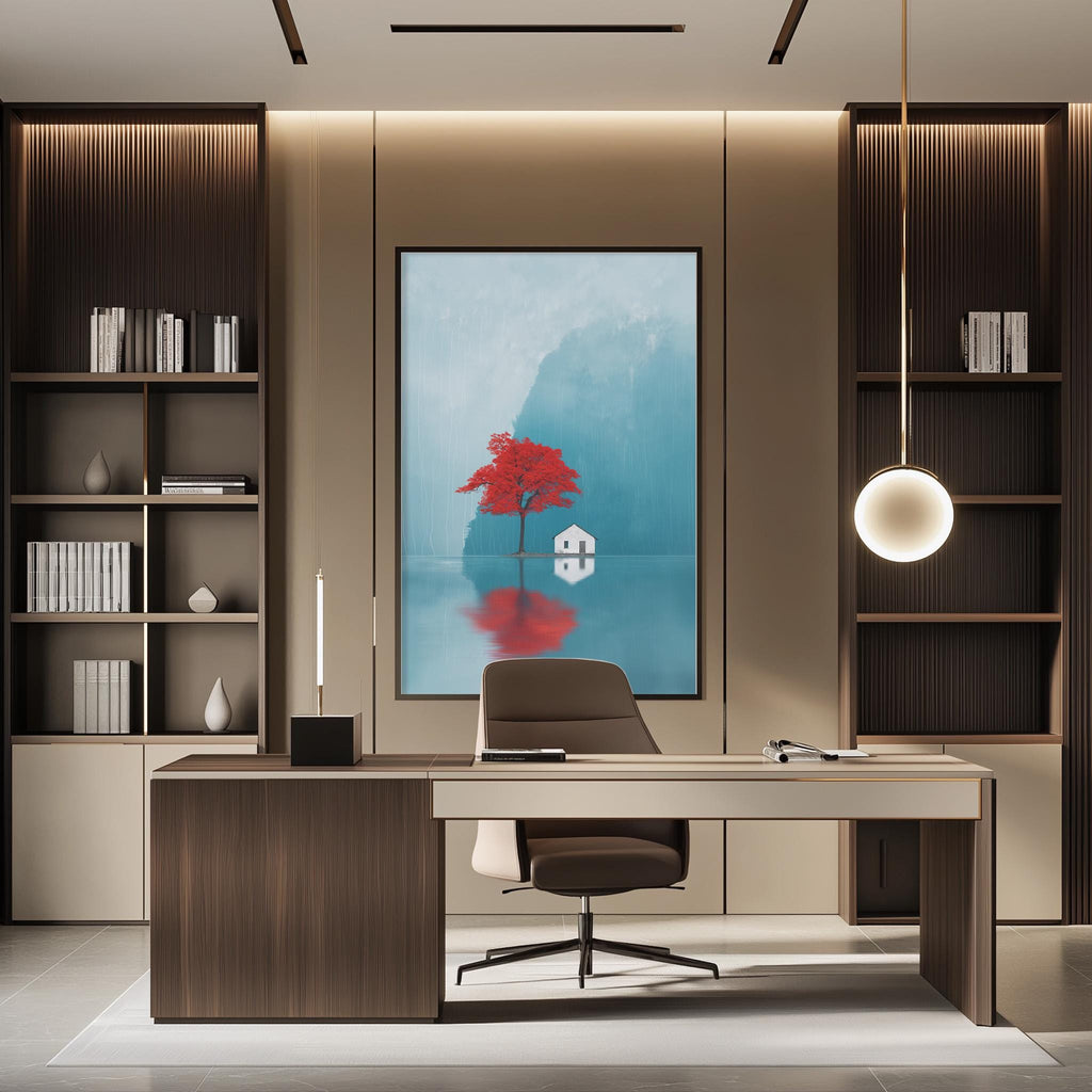 a modern and minimalist office space with a large window, a wooden desk, a comfortable chair, and a framed artwork featuring a red tree reflected in a body of water.