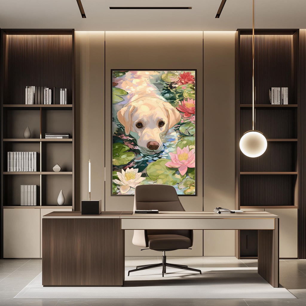 a modern office space with a large painting of a dog in a pond as the focal point. The painting is hung on the wall above a desk, which has a chair and a lamp. The office also includes bookshelves and a pendant light, creating a professional and comfortable work environment.