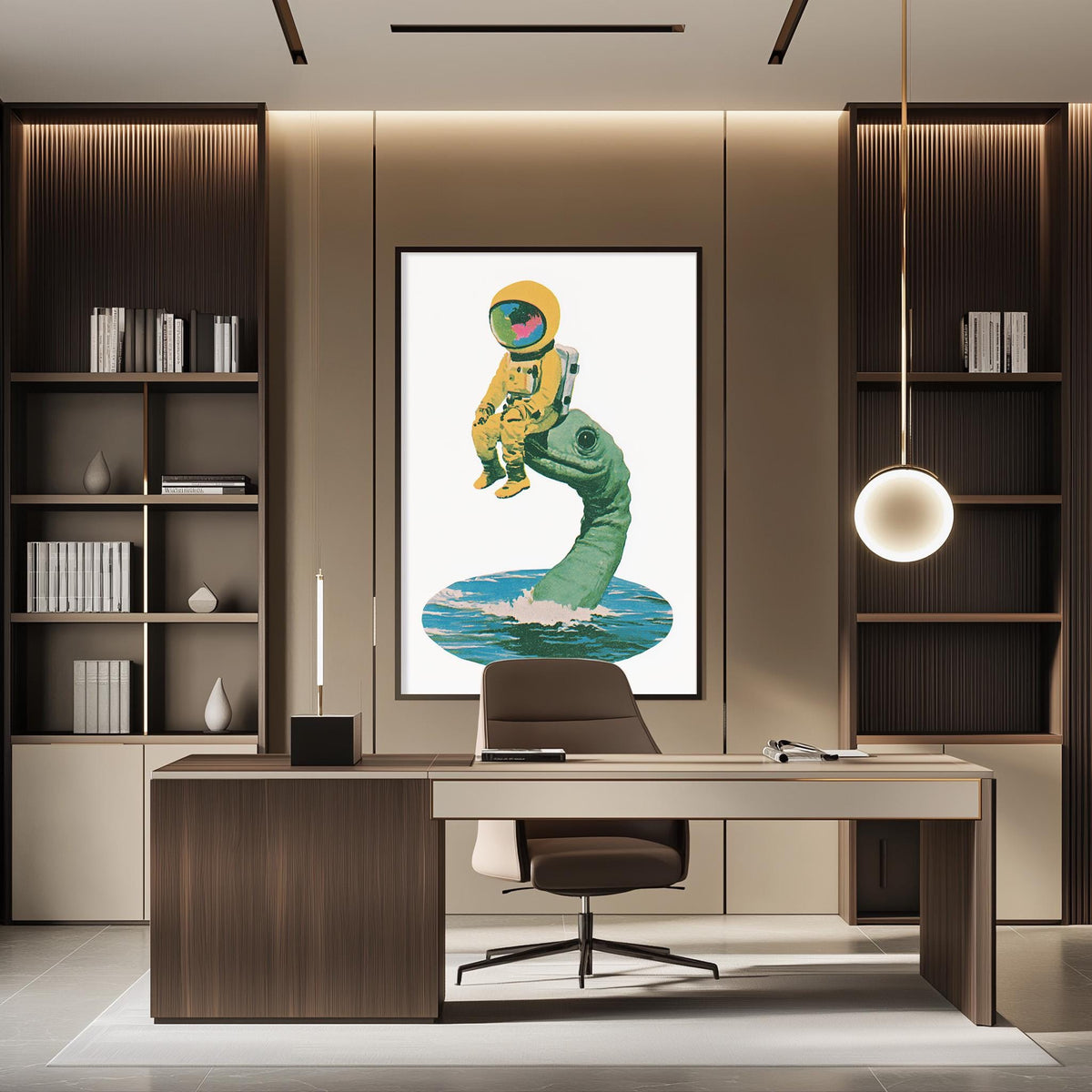 a modern office space with a large framed artwork depicting an astronaut floating in space. The office has a wooden desk, a chair, and a bookshelf filled with books. The overall design and decor create a professional and creative atmosphere.