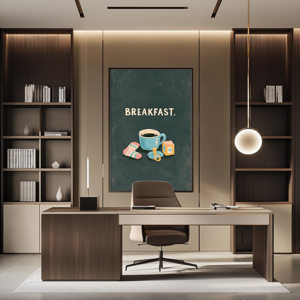a modern office space with a large framed poster on the wall that says "BREAKFAST." The office features a wooden desk, a chair, and a bookshelf filled with books.