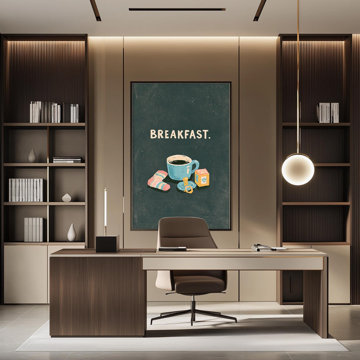 a modern office space with a large framed poster on the wall that says "BREAKFAST." The office features a wooden desk, a chair, and a bookshelf filled with books.