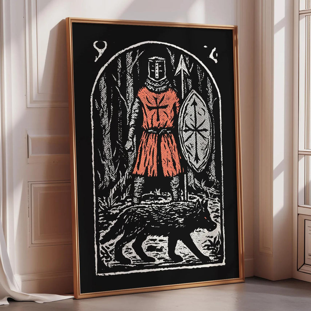 a large framed artwork depicting a knight in armor walking a wolf.