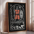 a large framed artwork depicting a knight in armor walking a wolf.
