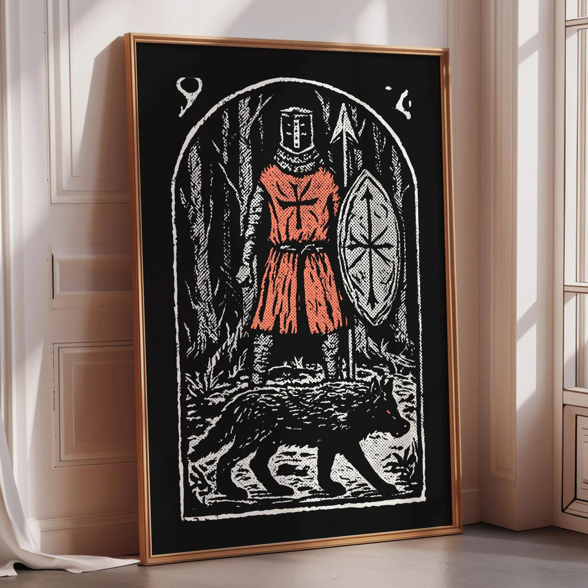 a large framed artwork depicting a knight in armor walking a wolf.