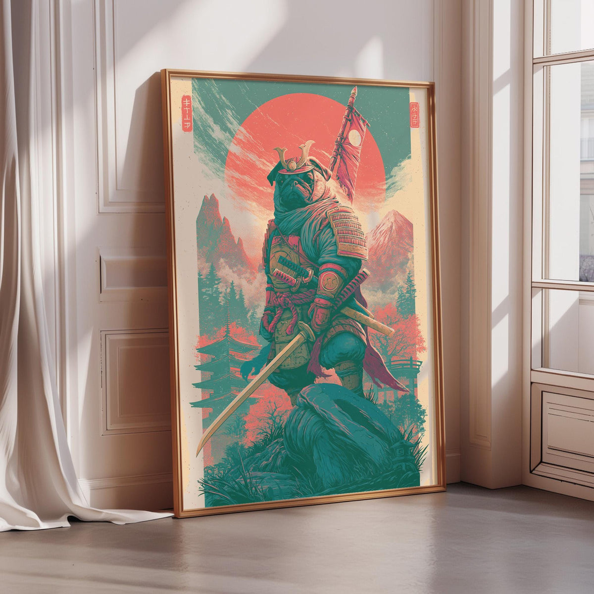 a large, colorful painting of a dog dressed as a warrior, holding a sword and standing on a rock.