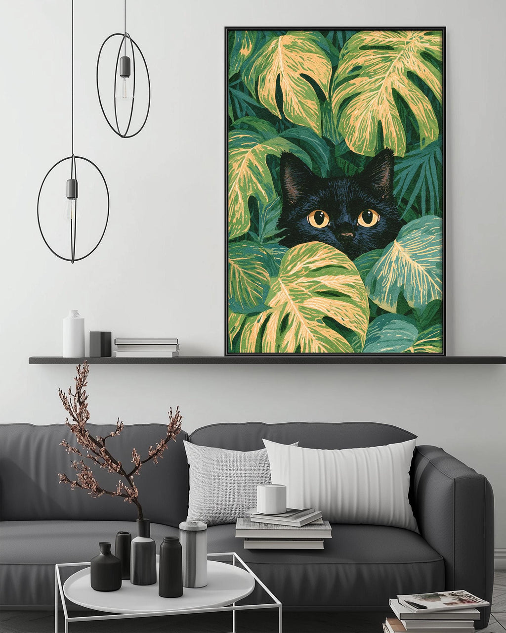 a black cat peeking out from behind a large green leafy plant, with a modern black and white living room setting in the background.