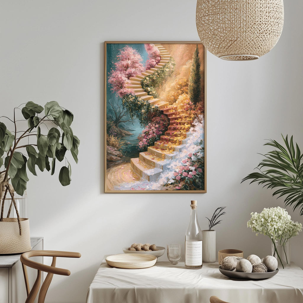 a dining table with a white tablecloth, a bowl of fruit, a bottle, and a vase with flowers. Above the table, there is a framed painting of a staircase leading to a garden with pink flowers.