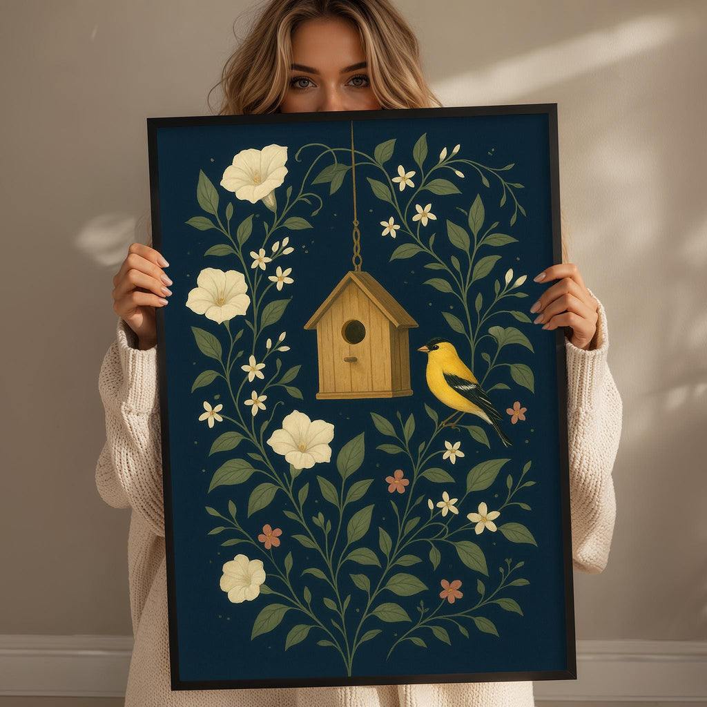 A woman holds up a framed print with a birdhouse and flowers on a dark background.