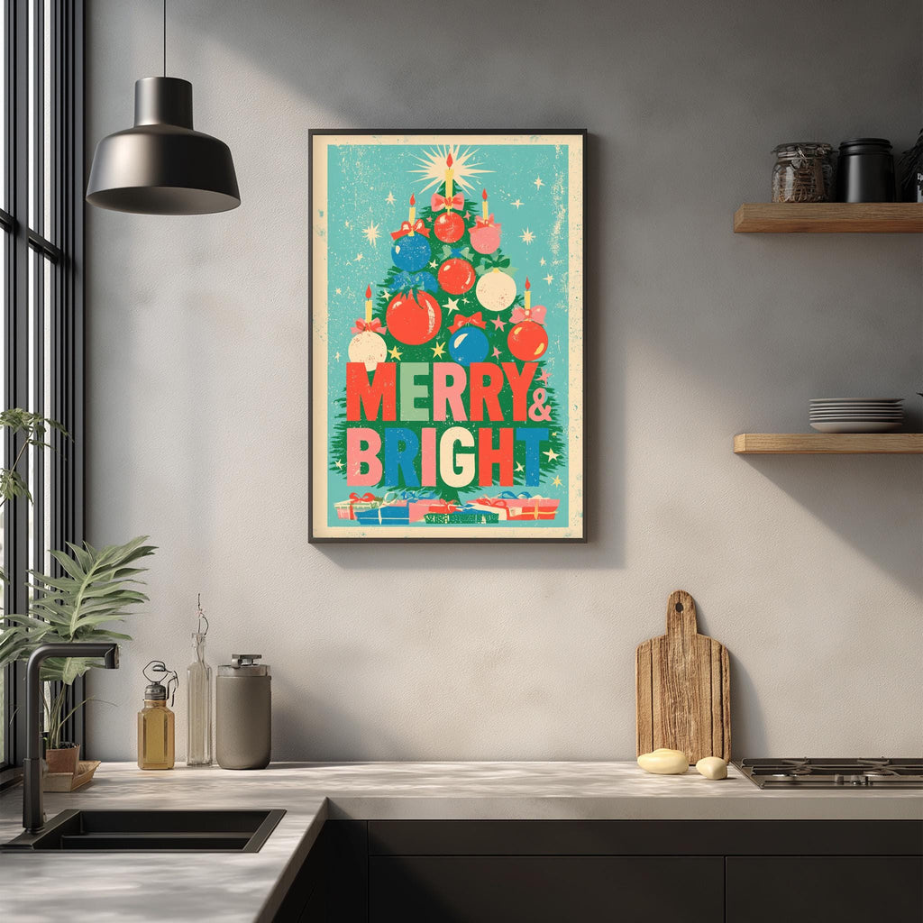 a kitchen counter with a framed poster of a Christmas tree and the text "MERRY & BRIGHT" hanging on the wall above it.