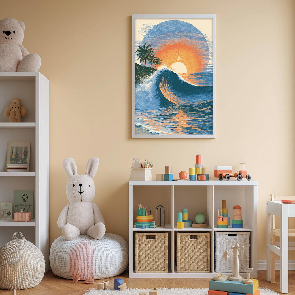 A child's bedroom with a large ocean-themed painting on the wall, a white bookshelf filled with toys, and a white bean bag chair.