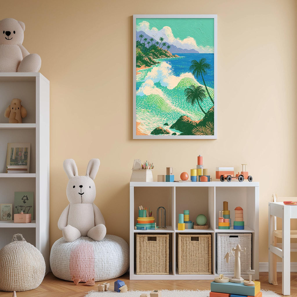 A child's bedroom with a large painting of a tropical beach scene hanging on the wall, a white bookshelf filled with toys, and a white bean bag chair.