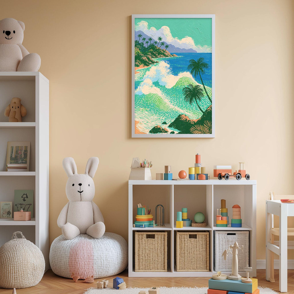 A child's bedroom with a large painting of a tropical beach scene hanging on the wall, a white bookshelf filled with toys, and a white bean bag chair.