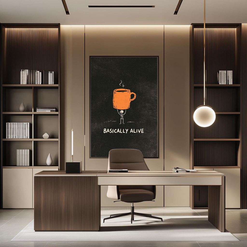 a modern and minimalist office space with a desk, chair, and bookshelves. The wall features a large black and white poster with an illustration of a coffee cup and the text "Basically alive".