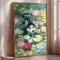 A framed painting depicting a husky dog surrounded by lily pads and water lilies, with a lush, green background.