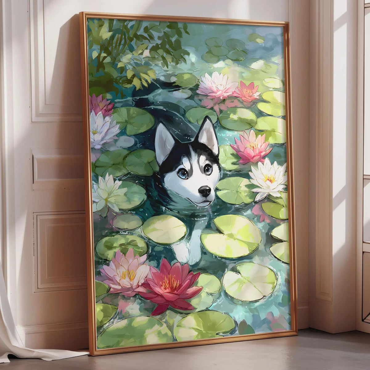 A framed painting depicting a husky dog surrounded by lily pads and water lilies, with a lush, green background.