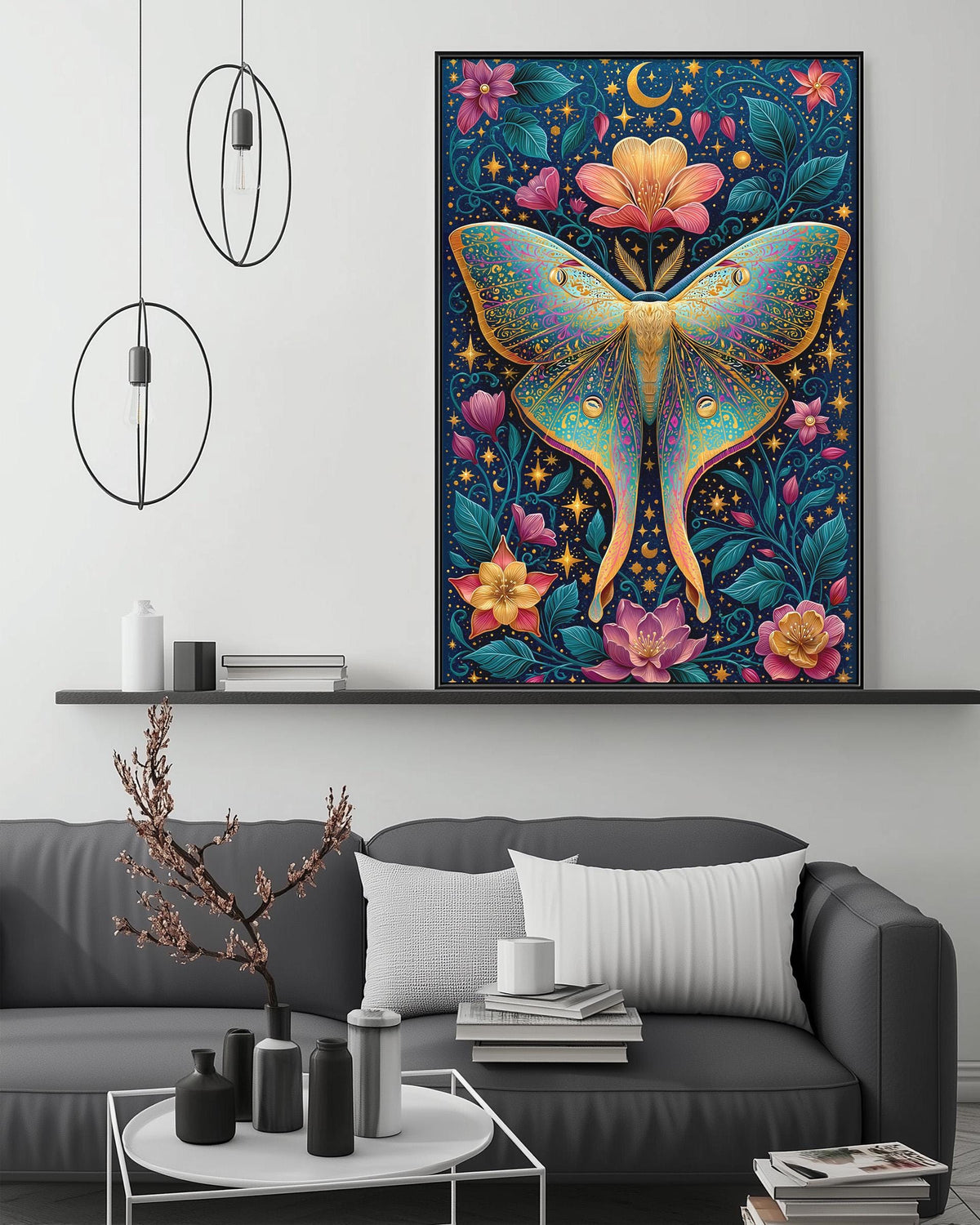 a large, colorful painting of a butterfly with intricate floral designs and a crescent moon in the background, hanging on a wall above a gray couch in a living room setting.