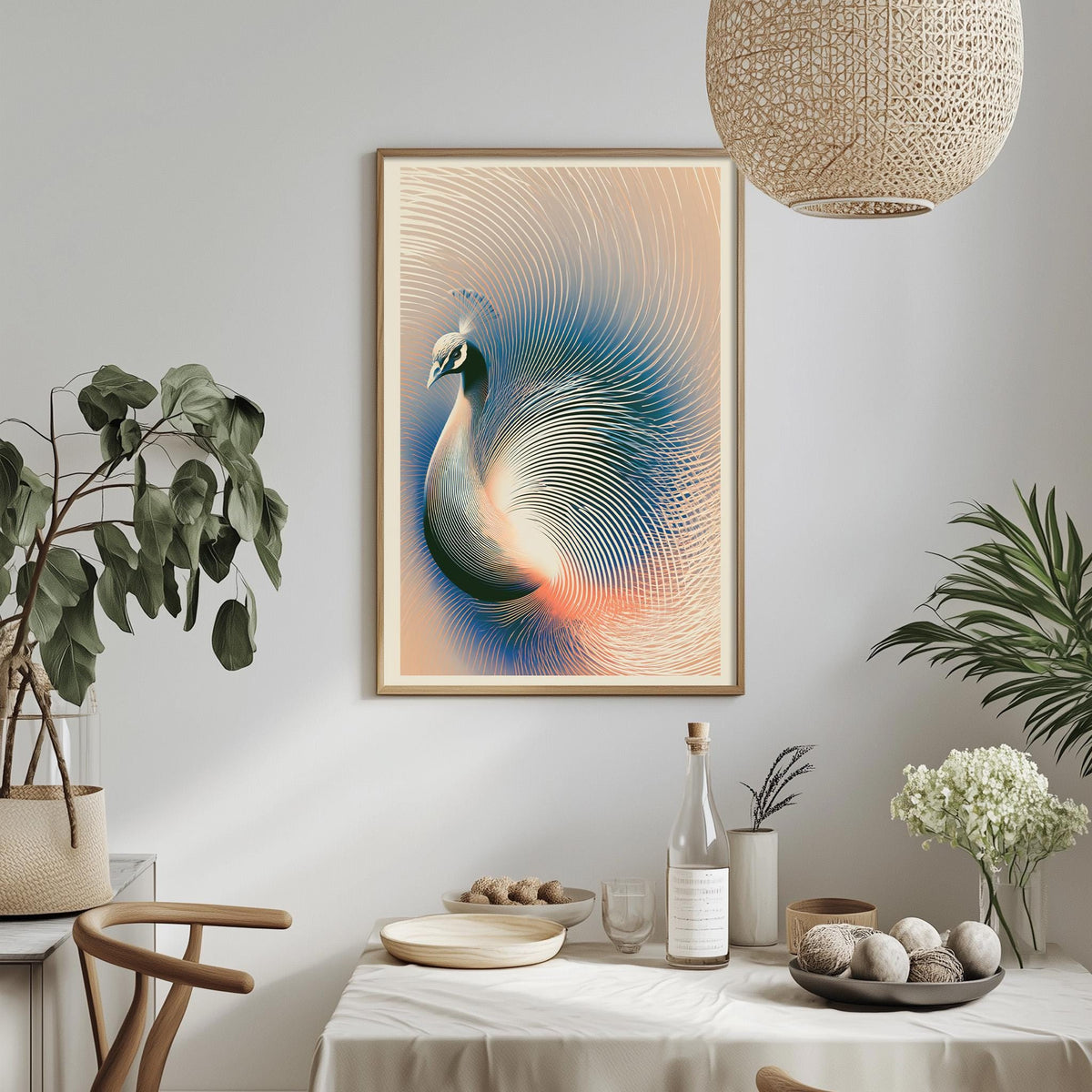 a dining table with a white tablecloth, a bowl of fruit, a bottle, and a vase with flowers. Above the table, there is a framed picture of a peacock with a colorful, abstract design.