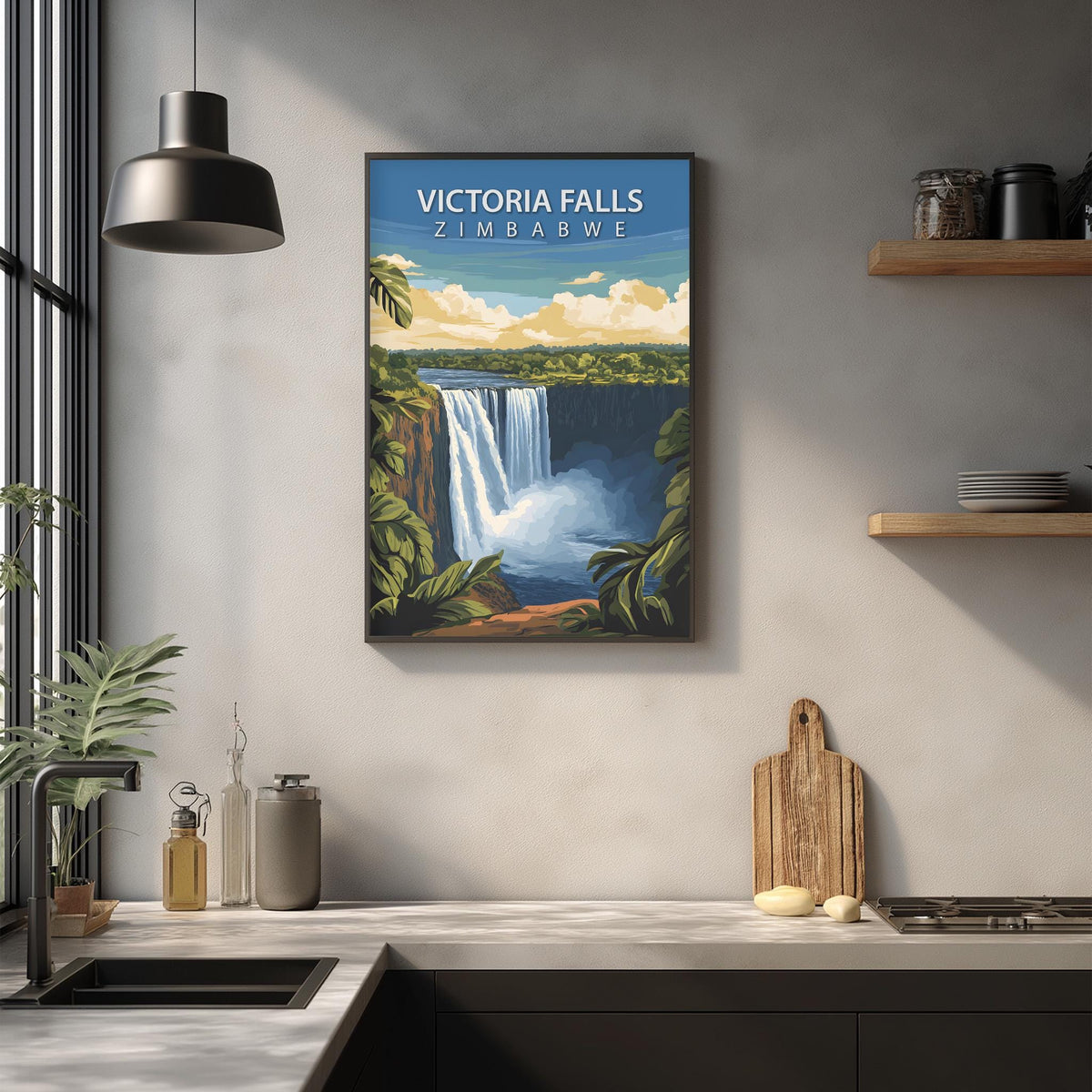 a framed poster of Victoria Falls hanging on a wall in a kitchen.