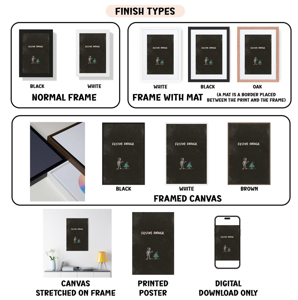 various finish types for artwork, including canvas, framed canvas, stretched canvas, printed poster, and digital download only.