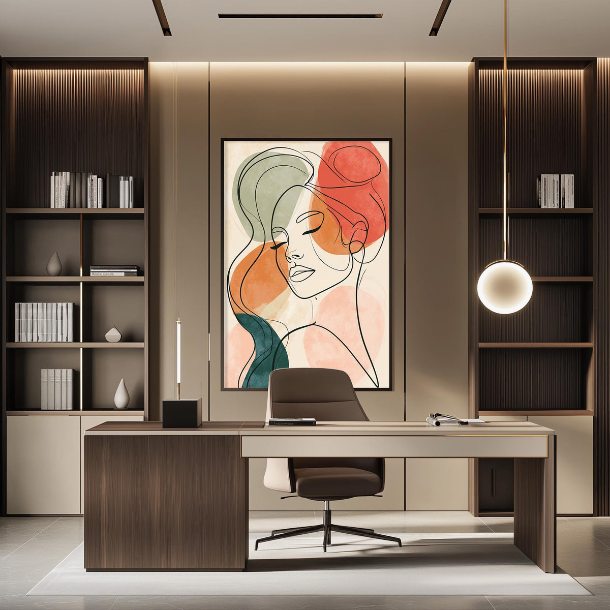 a modern and stylish office space with a large abstract portrait of a woman's face as the focal point. The office features a wooden desk, a comfortable chair, and a bookshelf filled with books and decorative items. The overall design and layout of the space create a professional and inviting atmosphere.