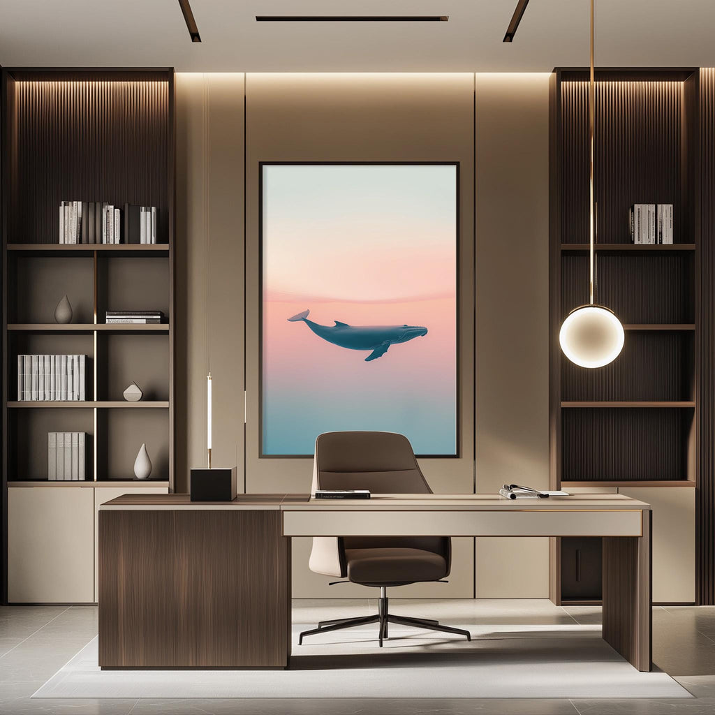 a modern office space with a large whale painting on the wall, a wooden desk with a chair, and built-in bookshelves.