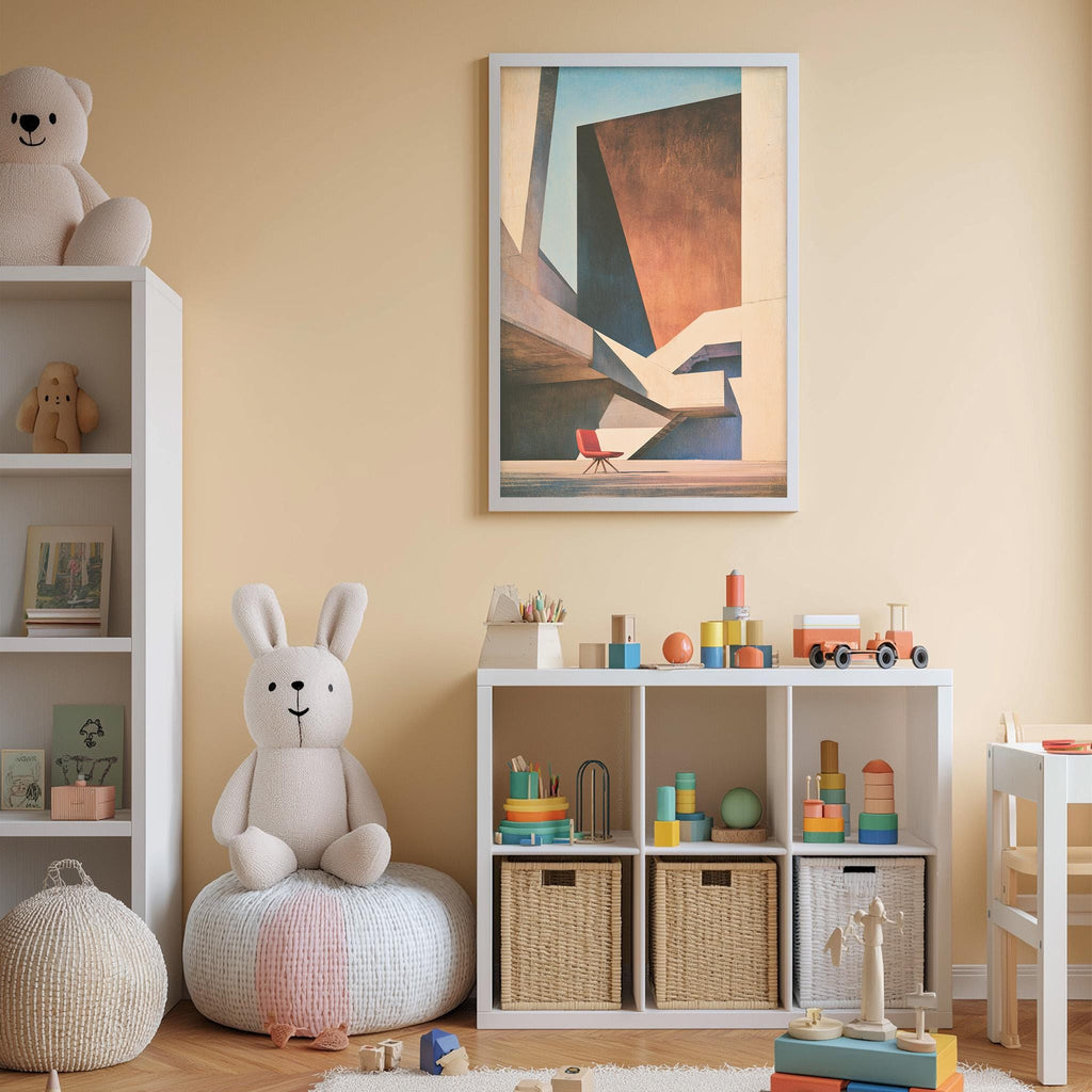 A cozy and colorful children's bedroom with a large stuffed rabbit, a bookshelf, and a toy storage unit filled with toys and books.