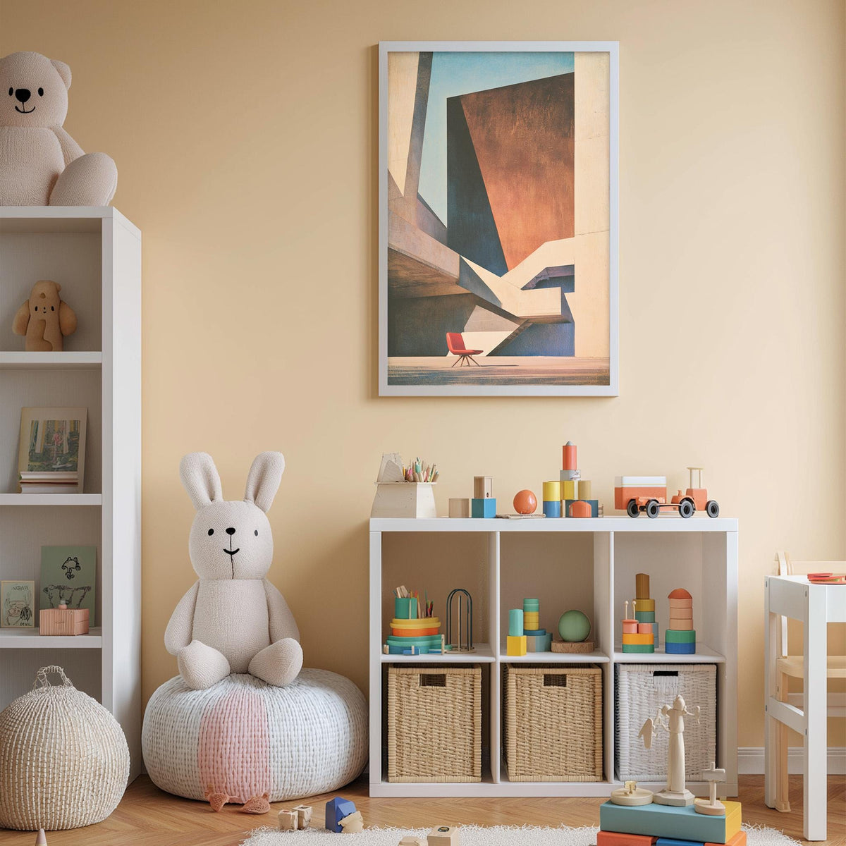A cozy and colorful children's bedroom with a large stuffed rabbit, a bookshelf, and a toy storage unit filled with toys and books.
