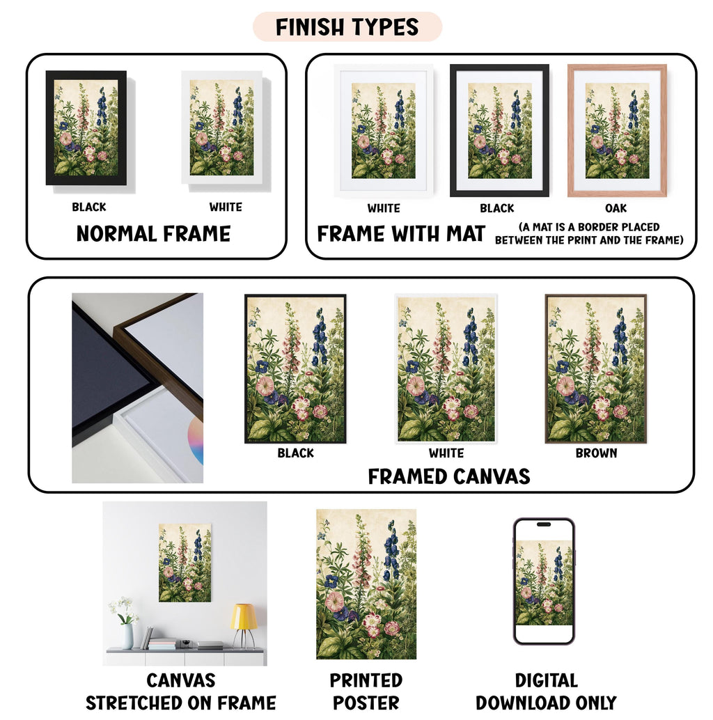 various types of framed artwork, including paintings and posters, with different finishes and mat colors. It also includes images of a canvas stretched on a frame, a framed canvas, and a digital download of a poster.