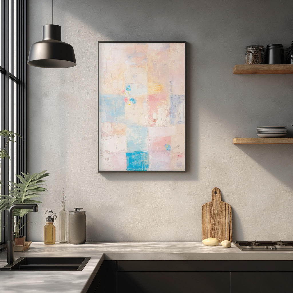 a modern kitchen with a large abstract painting hanging on the wall above a wooden cutting board and a sink.