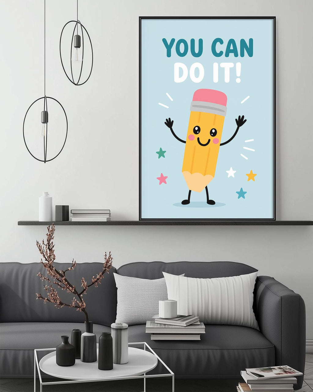 a cozy living room with a gray couch, a coffee table, and a framed poster of a pencil character with a motivational message.