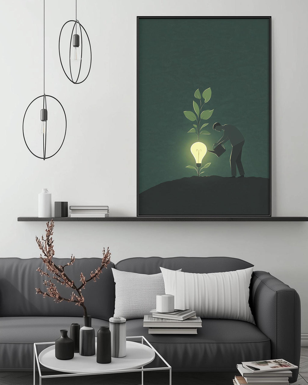 a cozy living room with a gray sofa, a coffee table, and a large framed poster of a plant with a light bulb growing from it. The poster is hanging on the wall above the sofa, creating a visually appealing focal point in the room.