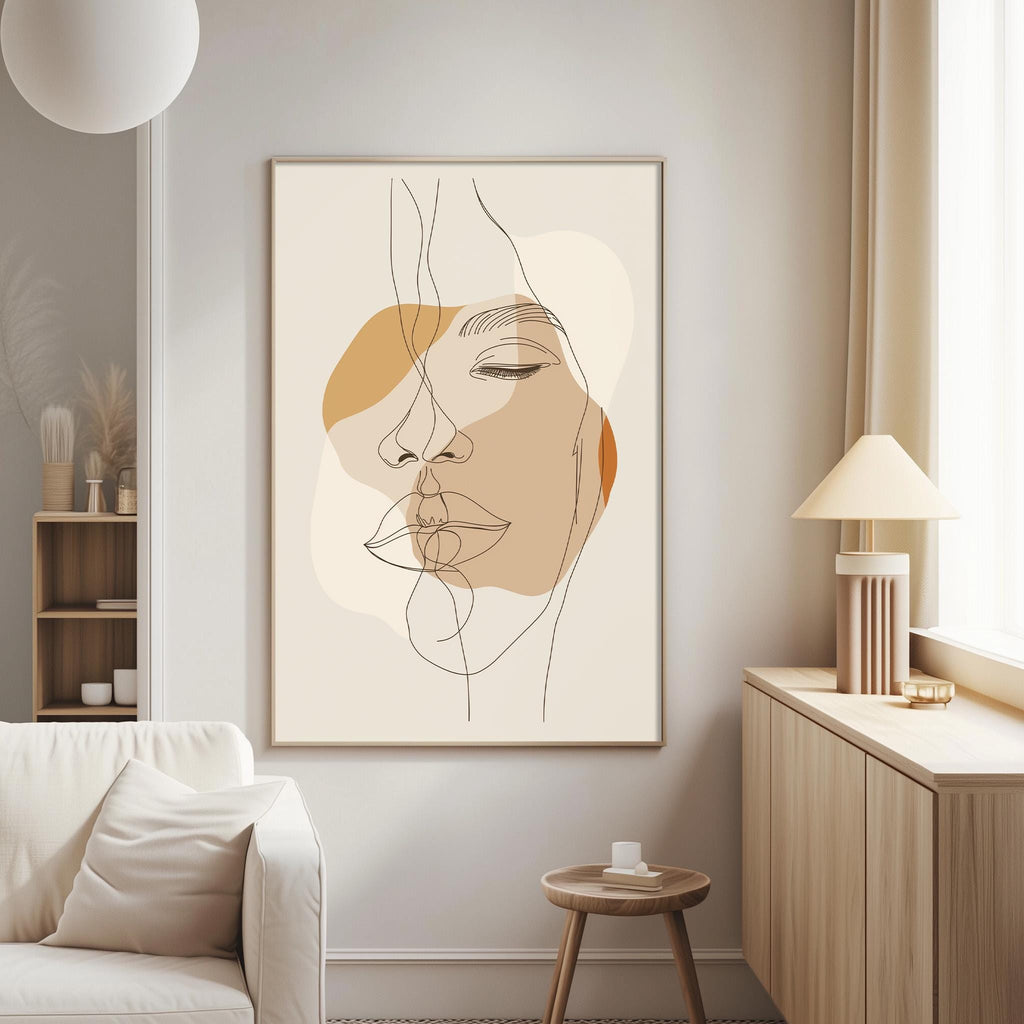 a living room with a large abstract portrait of a woman's face hanging on the wall. The room has a white sofa, a wooden side table, and a lamp on a nearby table.