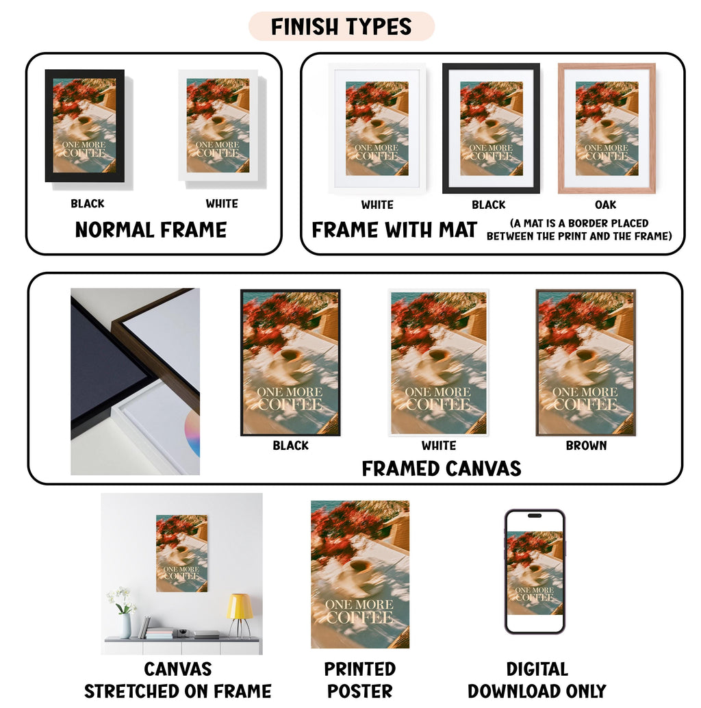 various finish types for a framed artwork, including black, white, black, oak, white, framed canvas, and digital download only. It also displays images of the artwork in different frame types, such as stretched on frame, printed poster, and digital download only.