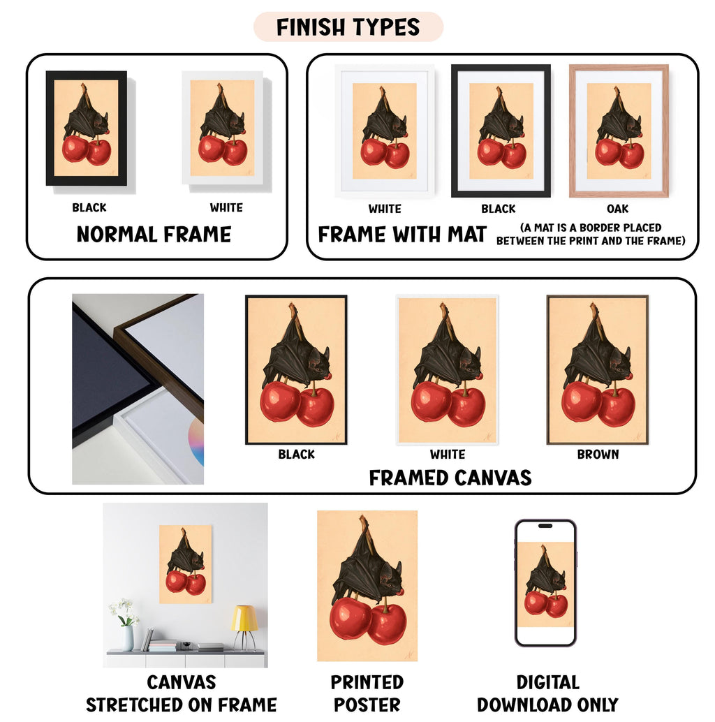 various finish types for a framed artwork, including a normal frame, a frame with a mat, a black frame, a white frame, a black frame, a white framed canvas, a stretched canvas, a printed poster, and a digital download only.